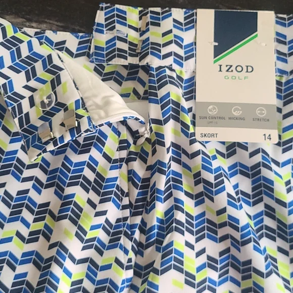 NWT IZOD Golf Skort. Size 14. Pockets Blues/White/Lime Side Zip. UPF-15 - Picture 6 of 10
